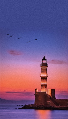 紫色黄昏灯塔夜景唯美意境图片